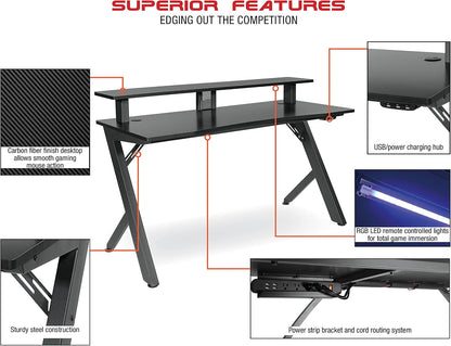 RGB Gaming Desk – 54" Computer Desk with Monitor Shelf, USB Hub & Cable Management