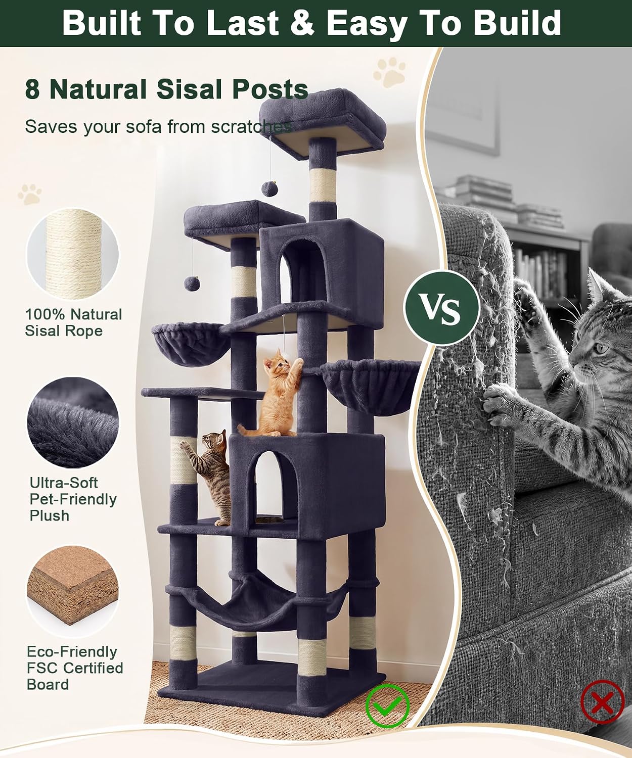 70" Multi-Level Cat Tree – Large Cat Tower with Condos, Hammock & Scratching Posts