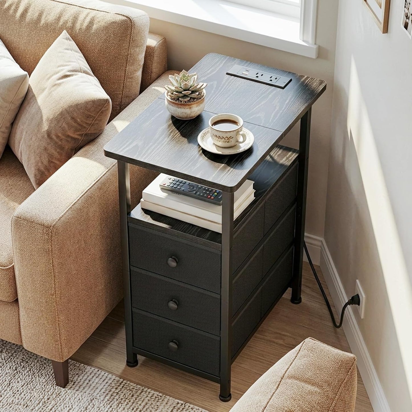 Slim Nightstand with Charging Station – 3-Drawer Bedside Table for Small Spaces