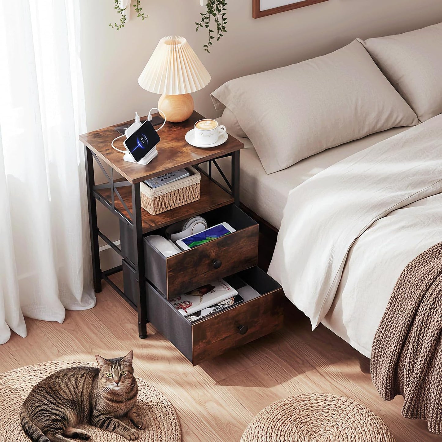 Nightstands Set of 2 with Charging Station – Bedside Tables with Storage Drawers