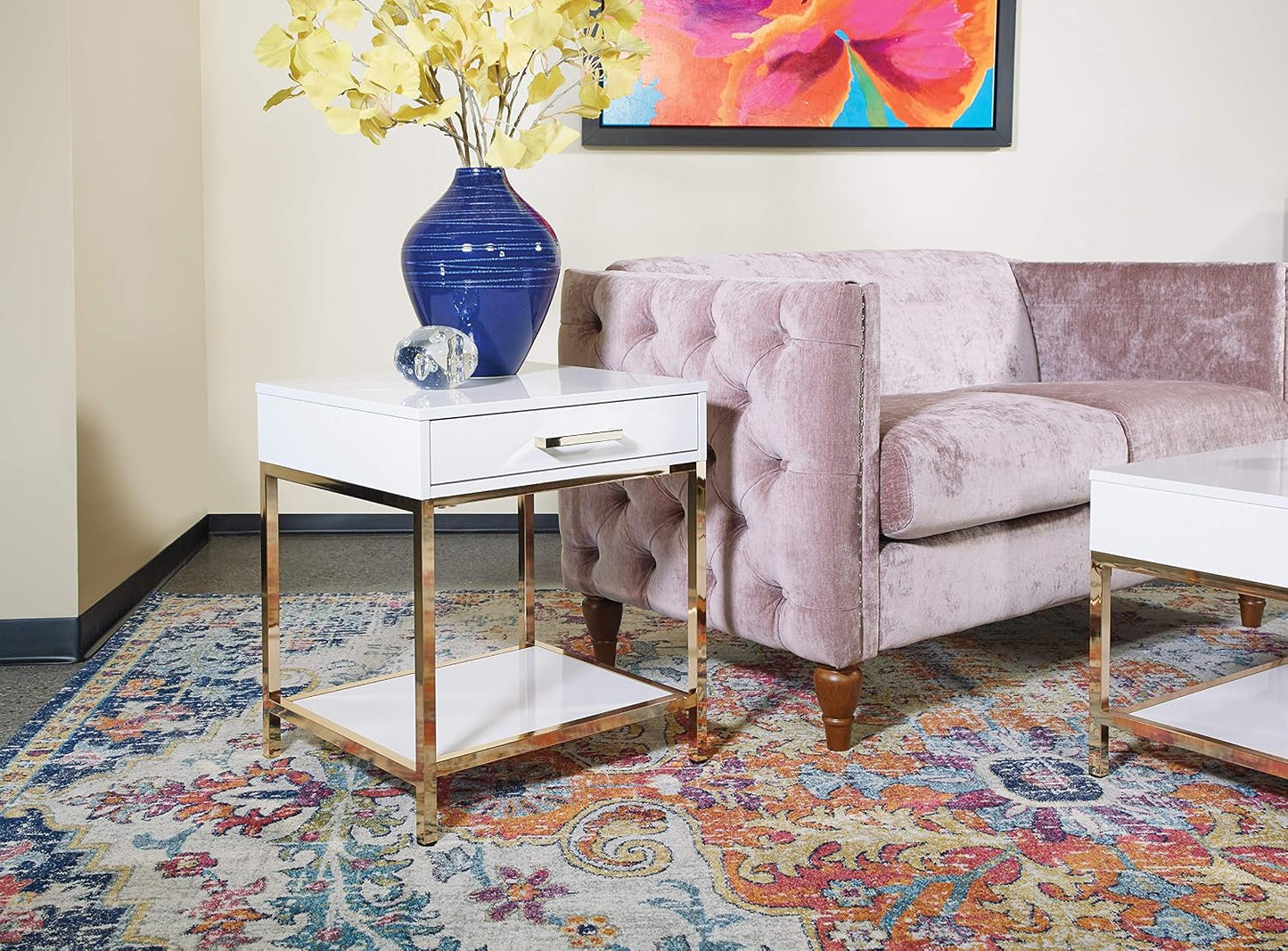 Modern White End Table – Glossy Accent Side Table with Gold-Tone Legs & Storage