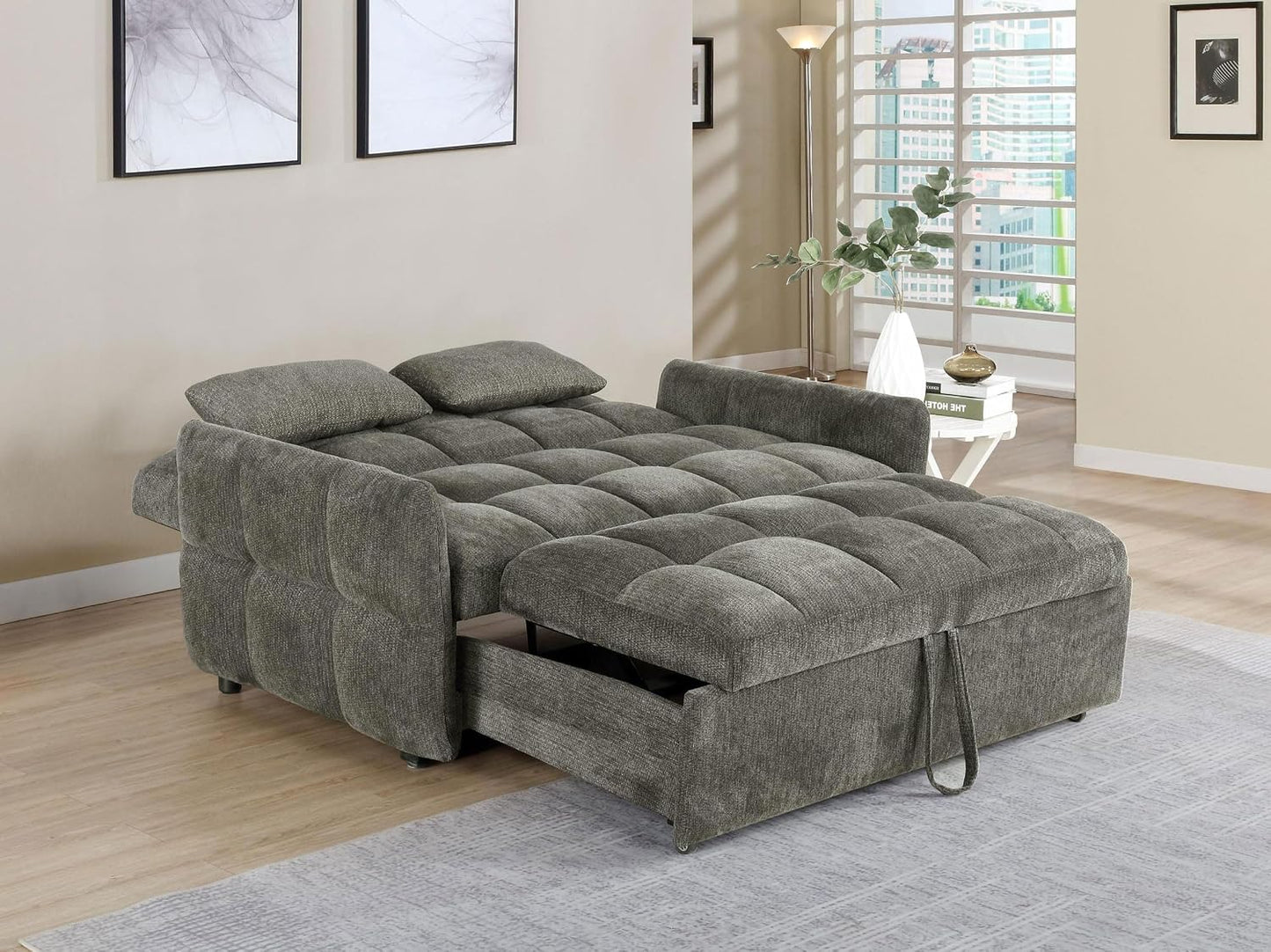 Modern Convertible Sleeper Sofa – 59" Chenille Sofa Bed with Pull-Out Mattress