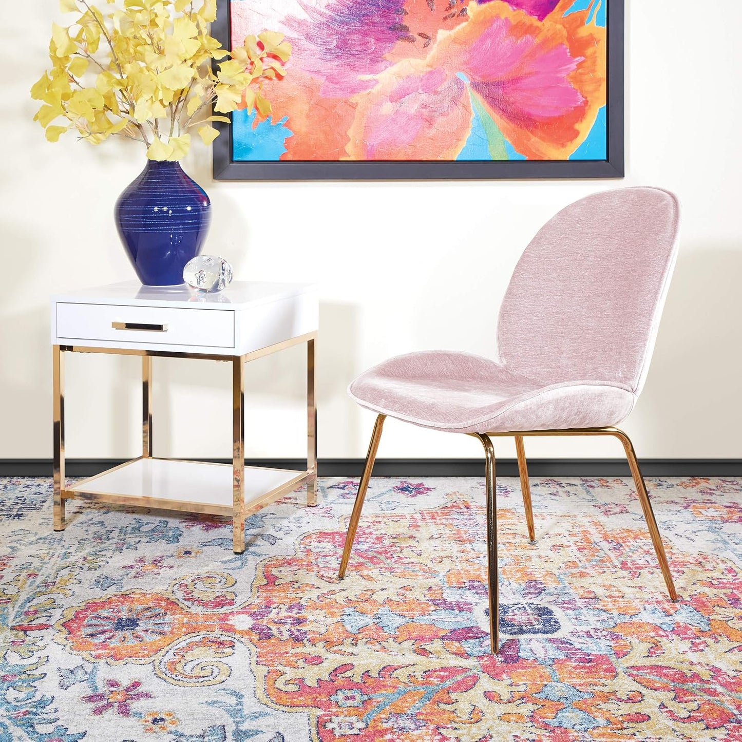 Modern White End Table – Glossy Accent Side Table with Gold-Tone Legs & Storage